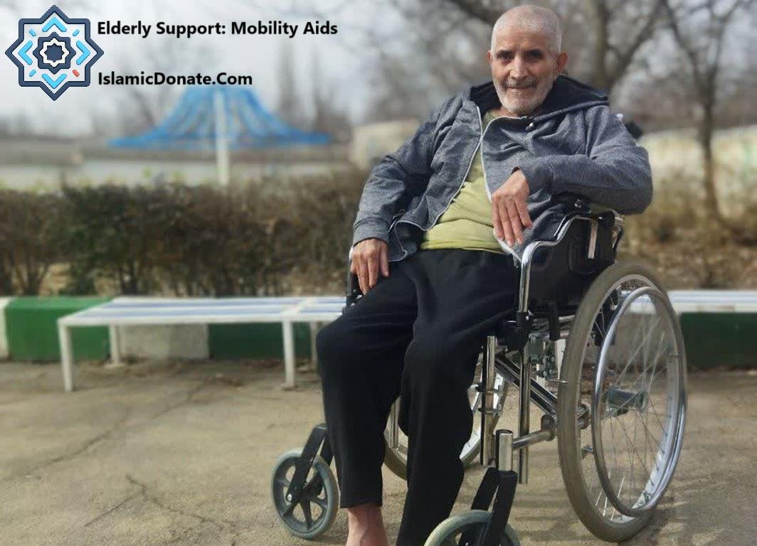 Elderly Support Mobility Aids provided for man in wheelchair through Solana cryptocurrency donations to Islamic charity.
