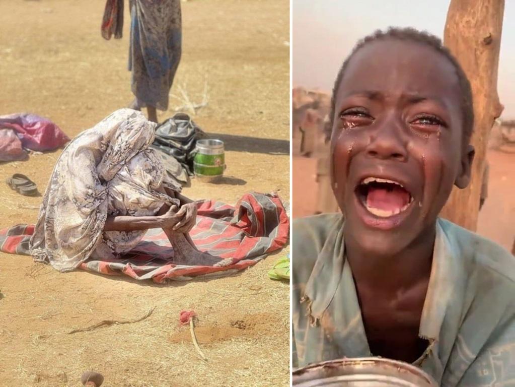 Eritrea food aid for malnutrition relief with ETH. Crying hungry child and thin woman sitting in a rural area.