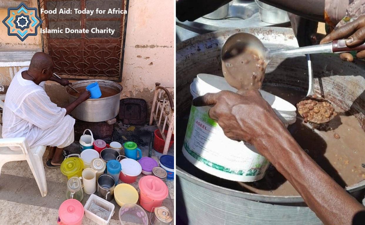 Donate cryptocurrency to Eritrea Humanitarian Aid. Man ladling food into buckets for food relief using SOL.