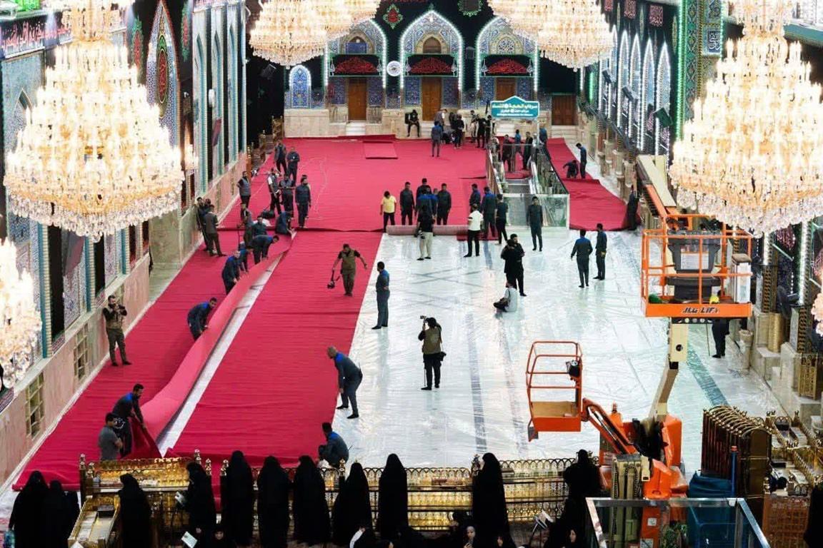 Imam Hussain's Nazr fulfillment via USDC. Workers layout red carpets in a shrine to serve humanitarian needs and justice.
