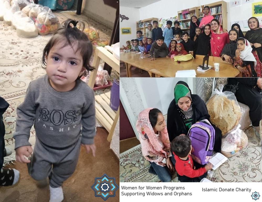 A young girl in a gray tracksuit stands in front of bags of food and educational supplies, representing initiatives funded by crypto donations via USDT to support women and girls' education and Islamic charity programs.
