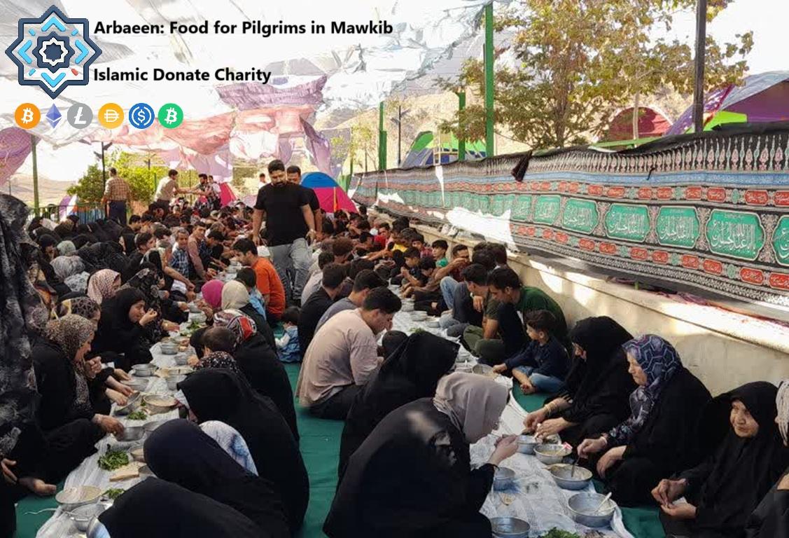 Arbaeen pilgrims eat food in a Mawkib funded by USDT crypto donations. Arbaeen: Food for Pilgrims in Mawkib.