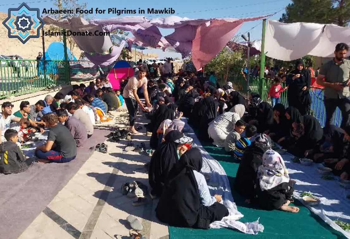 Arbaeen Food for Pilgrims in Mawkib funded by SOL crypto. Volunteers distribute meals to travelers seated under shade.