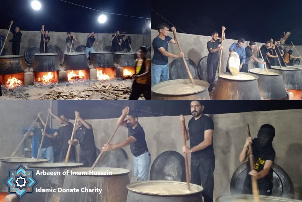 Men cook food in large pots for Arbaeen Walk pilgrims. Support this Nadhr for Imam Hussain with your SOL crypto donation.