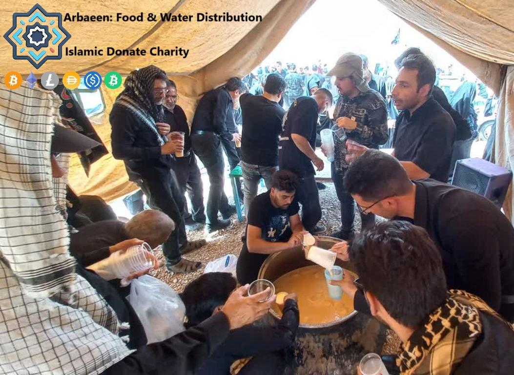 Arbaeen Food and Water Distribution funded by TRX, volunteers serving refreshments to pilgrims in a desert relief tent.