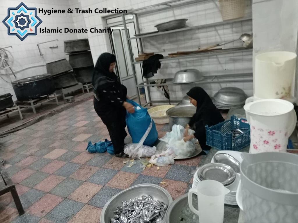 Arbaeen trash collection by volunteers in kitchen funded by Ripple USD crypto. Hygiene & Trash Collection Islamic Donate Charity.