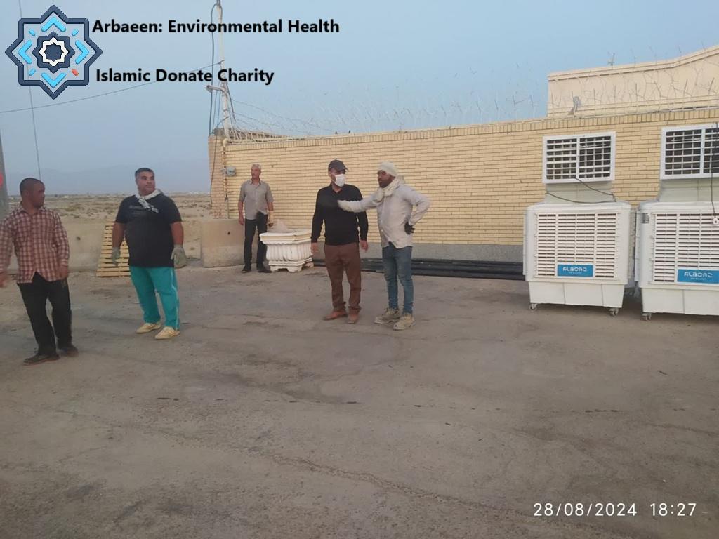 Arbaeen environmental health teams manage waste and cooling using XLM donations in Karbala for Islamic Donate Charity.