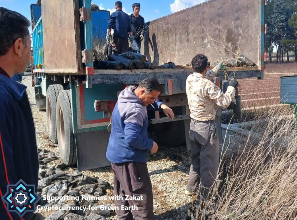 Sustainable Zakat farmers unload saplings from a truck. TRX crypto donation supports organic agriculture and rewards.