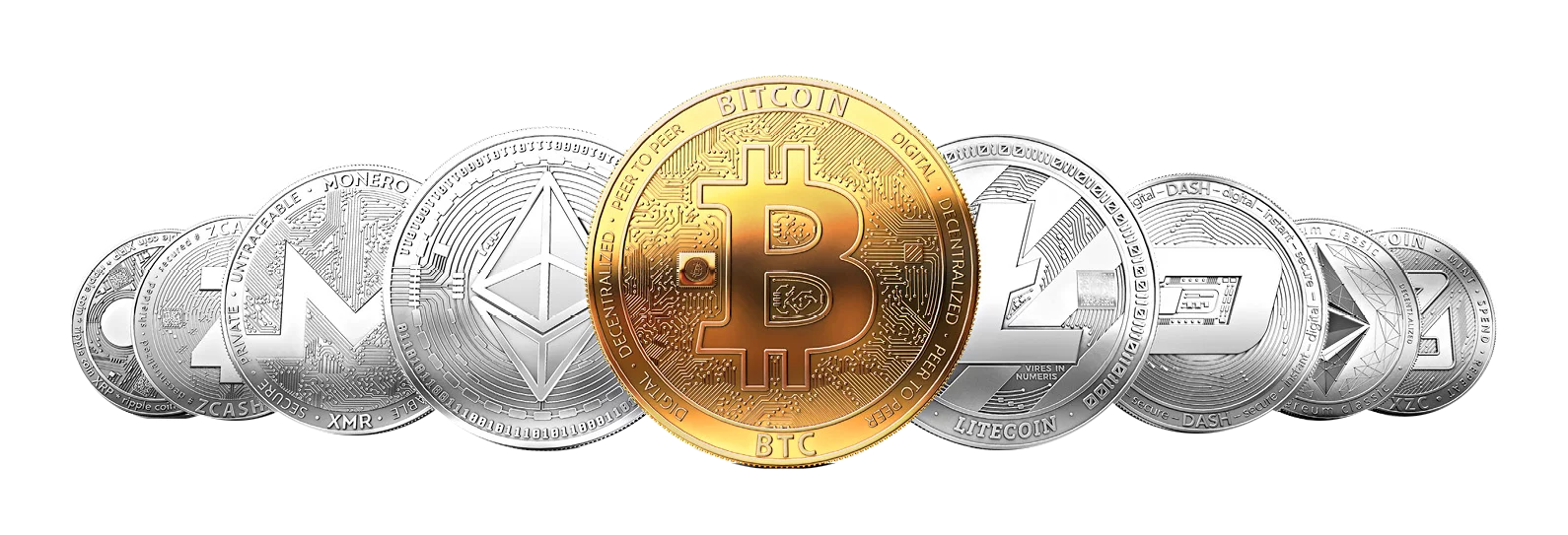 A collection of various cryptocurrency coins including Bitcoin, Ethereum, Litecoin, Monero, Ripple, Zcash, and Dash, presented in a row. Bitcoin is gold and in the center. Donate Anonymously Using Crypto.