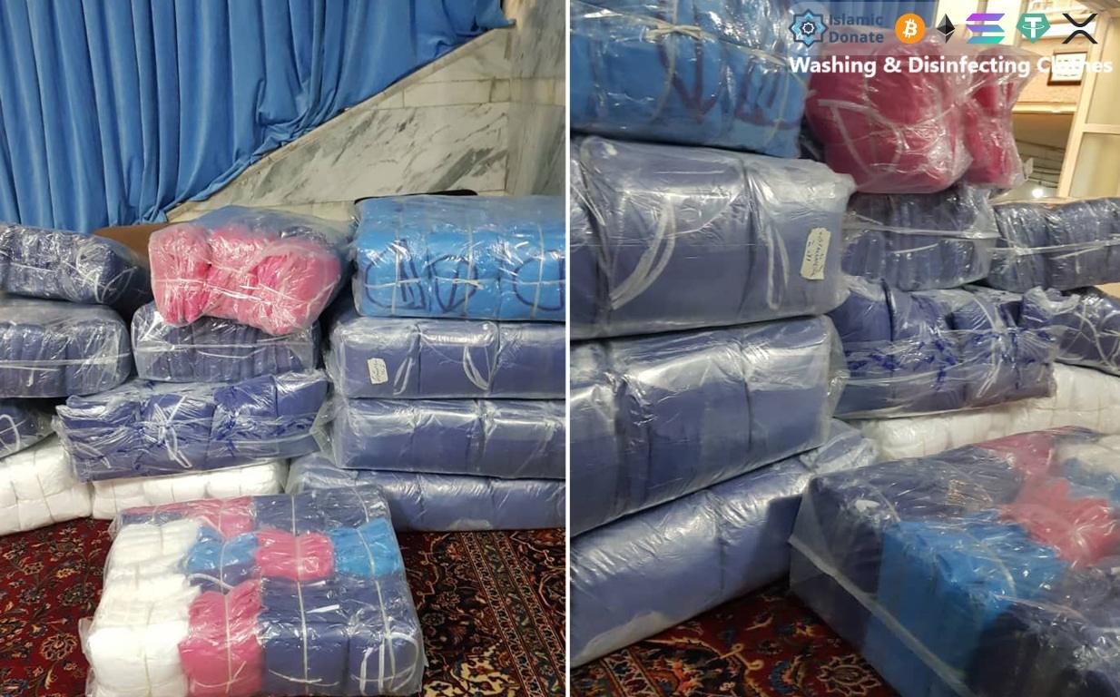 Bundles of cleaned and disinfected clothing for Palestine relief efforts funded by Monero.