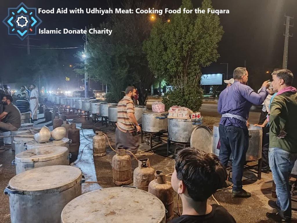 Men prepare food aid with Udhiyah meat in large pots. Eid al-Adha Qurbani communal cooking for Fuqara funded by PayPal USD (PYUSD).