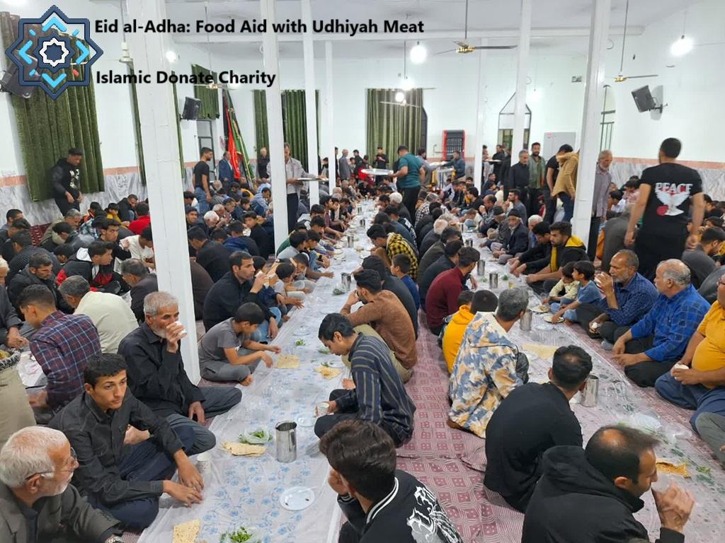 Qurbani with cryptocurrency feeds families. Men share Udhiyah meat food aid meal funded by SOL digital sacrifice.
