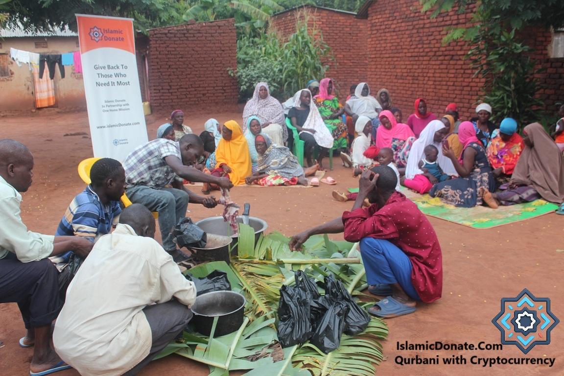 People preparing meat for distribution. Qurbani with cryptocurrency giving, bringing meat and mercy to families, uses SOL for transparent, secure donations.