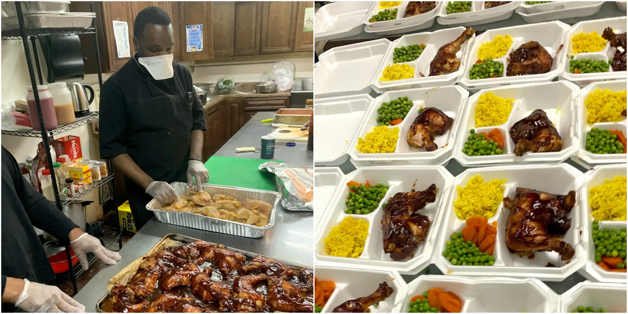 Chefs preparing BBQ chicken and rice meals for charity distribution, powered by crypto donations like BTC.