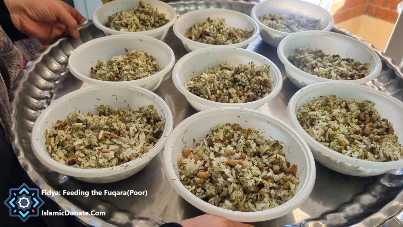 Fidya: Feeding the Fuqara (Poor) are served in bowls on a tray. Donate Fidya with crypto like TRX to feed the needy.