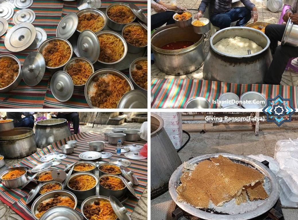 Platters of rice and meat dishes are arranged on striped cloths. People are seen serving food from large pots.