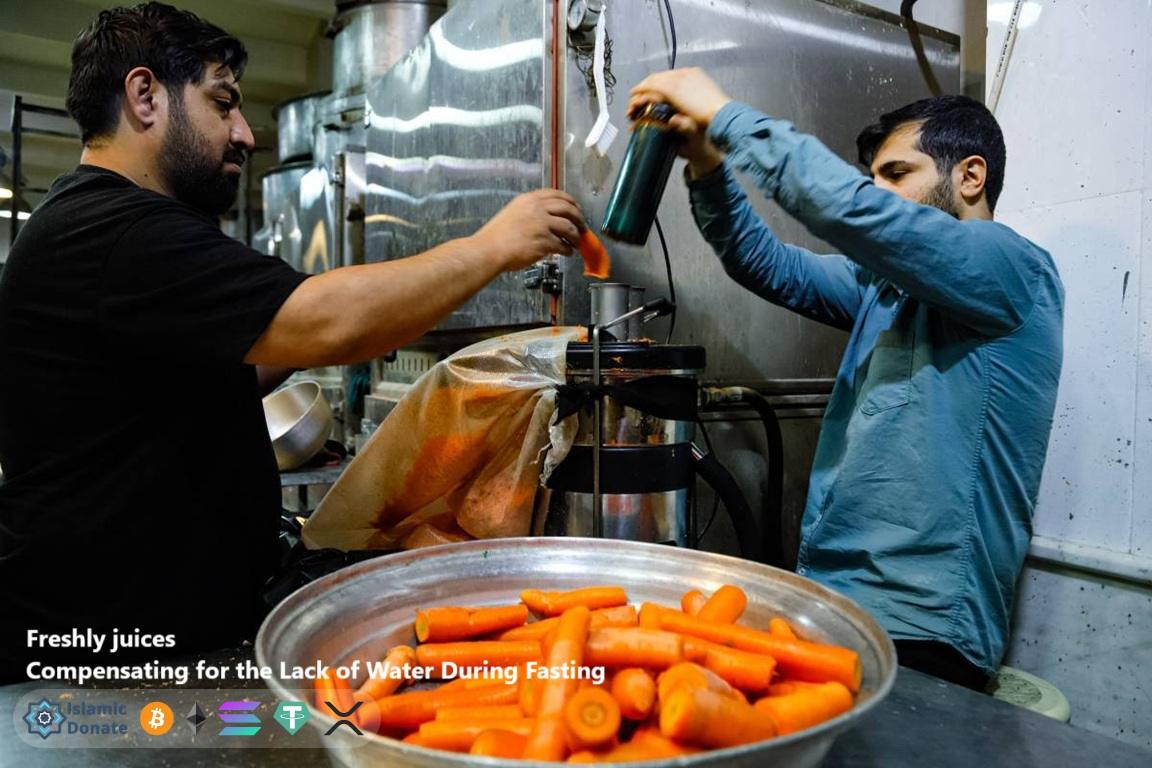 Combat dehydration. Iftar charity team preparing fresh juice in the kitchen for fasting Muslims using Solana donations.