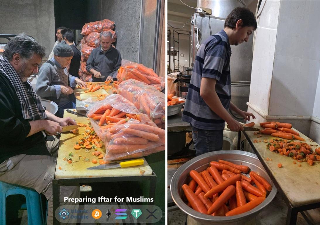 Iftar volunteers slice fresh carrots for meal distribution funded by TON (GRAM) crypto donations for fasting Muslim communities