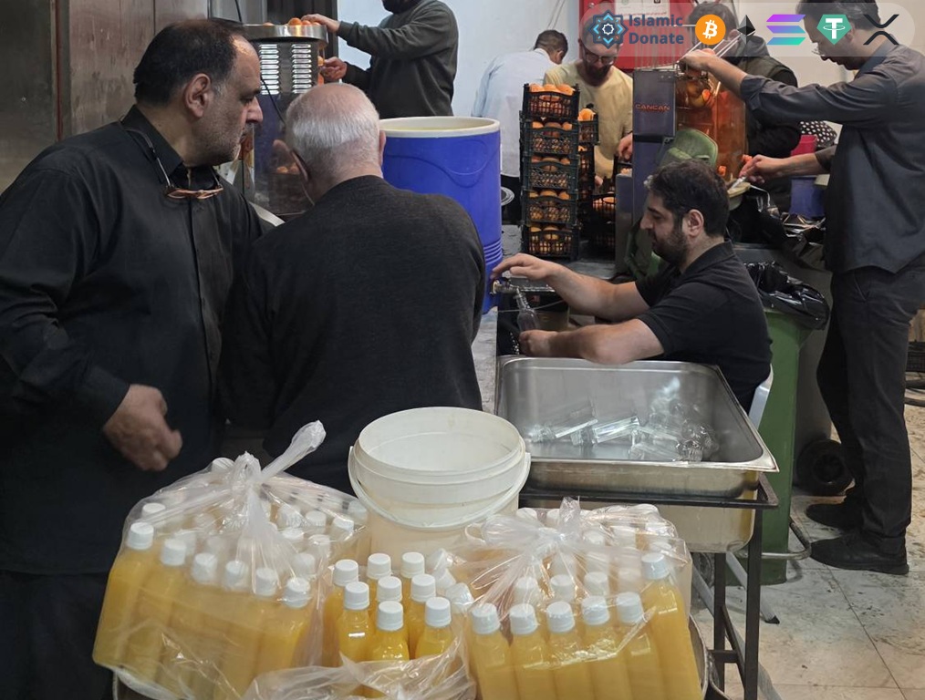 Fresh juice and food to support those in need. Iftar distribution for fasting Muslims using Ethereum donations.