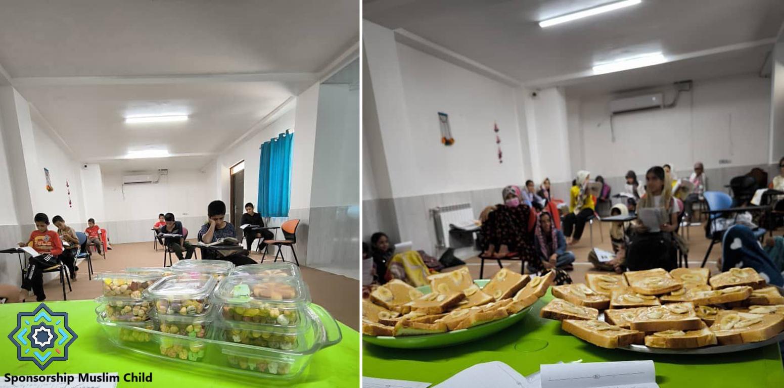 Children in a classroom setting studying, while others gather for a meal, both scenes indicative of an orphan sponsorship program supported by cryptocurrency donations, including USDT.