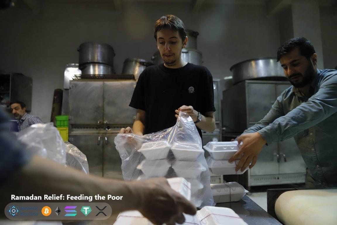 Iftar charity volunteers prepare food aid packages for refugees, funded by global donors via DAI and crypto donations.