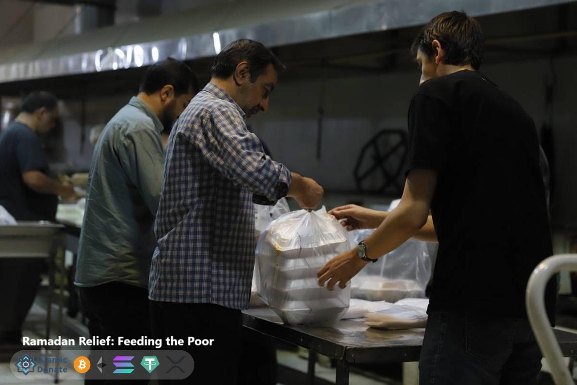 Volunteers pack Iftar meals for the needy to support Ramadan relief efforts with crypto donations via stablecoin USDT