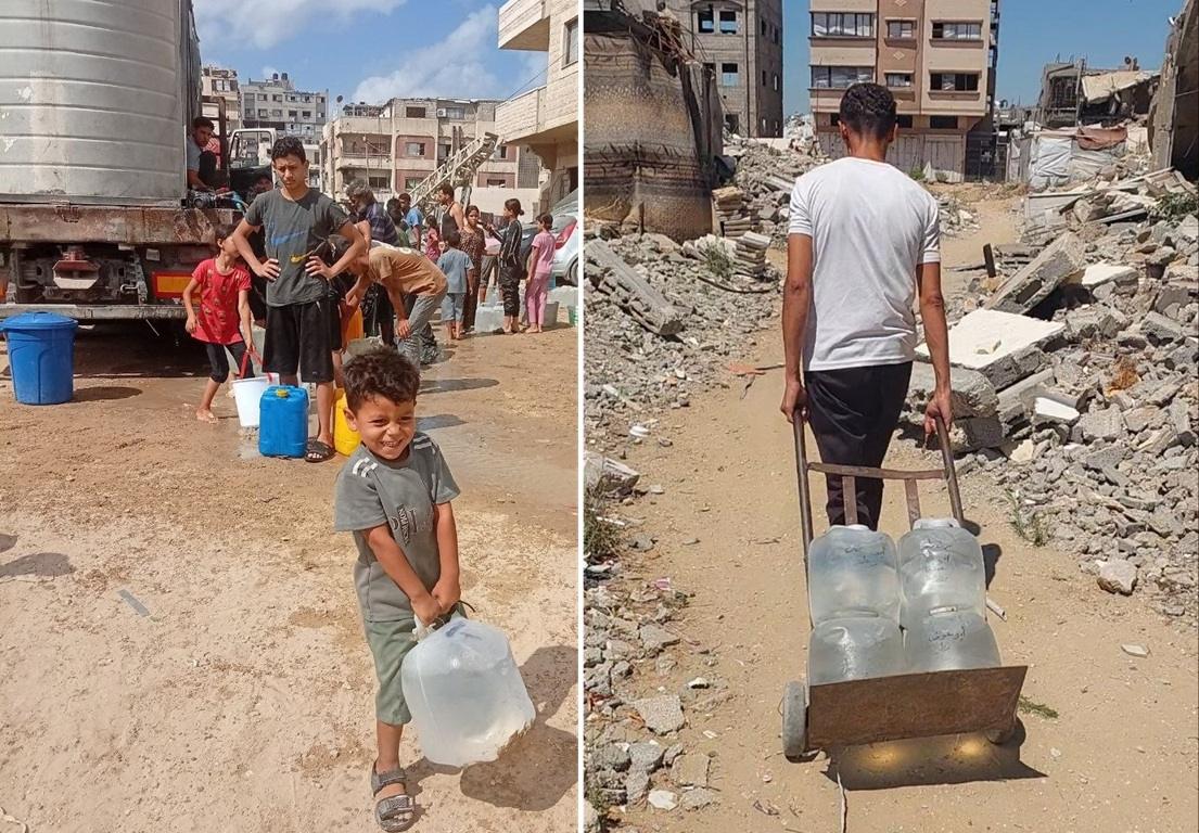 Children and residents carry clean water in Gaza to survive crisis, supported by Solana relief donations.
