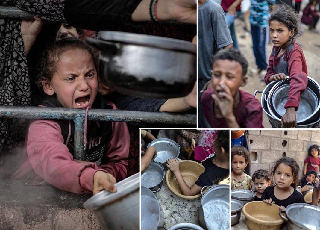 Distressed children hold empty pots for aid in Gaza. Support vital food supplies with ETH donations for urgent relief.
