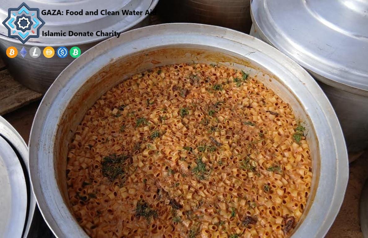 Gaza Food Aid pasta in large pots funded by XRP. Gaza Food and Clean Water Aid Islamic Donate Charity humanitarian relief.