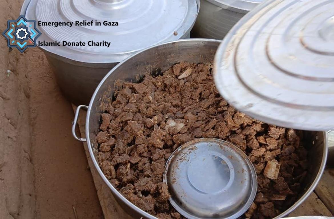 Emergency Relief in Gaza food aid cooked in large pots for donation through USDT blockchain assets.
