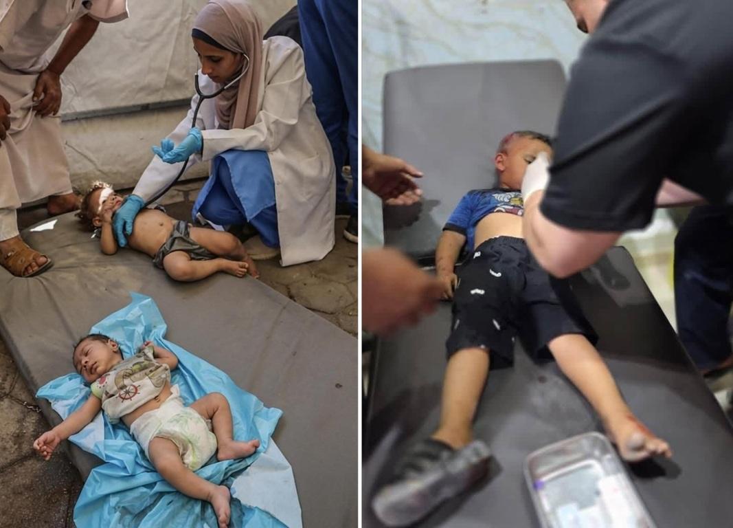 Medical staff treat injured children in Gaza emergency clinic, funded by USDC donations to Islamic Donate Charity.