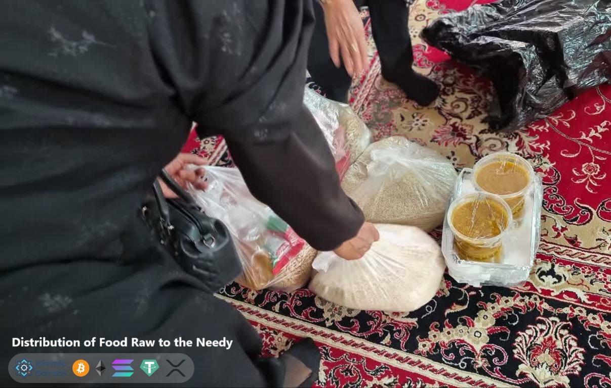 Distribution of Food Raw to the Needy on a prayer rug. Give Zakat in Ramadan food packages to needy families using RLUSD.