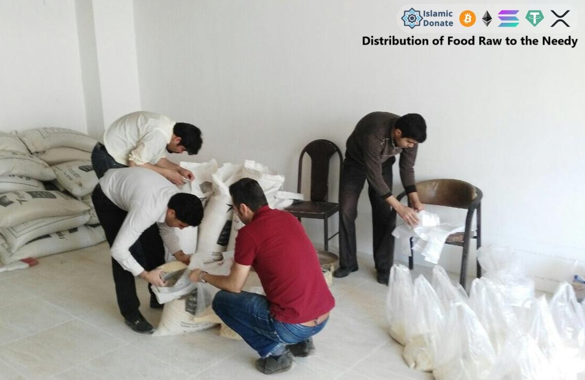 Zakat in Ramadan workers packaging raw food for the needy with USDT donations to Islamic Donate Charity.