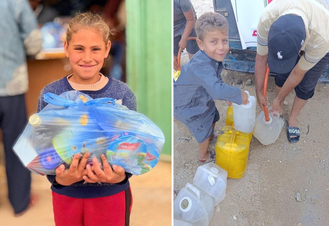 Girl holding food aid and boy filling water for Palestinian relief funded by USDT crypto donations.