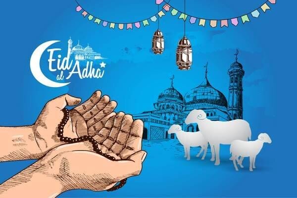 Eid al-Adha 2025 prayer hands holding tasbih beads with sheep and mosque illustration, supporting relief efforts for the Muslim Ummah via Bitcoin donations.