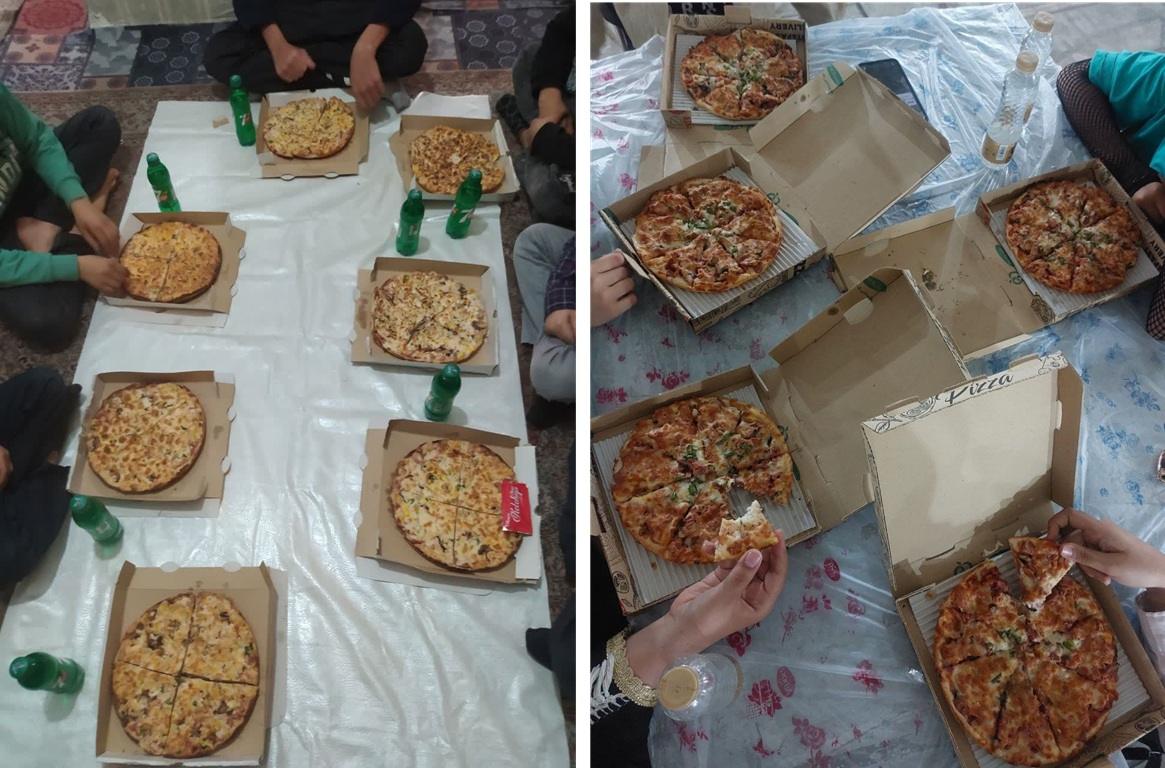 Children joyfully eating pizza donated via crypto, representing a slice of hope and a taste of childhood for those in Palestine, Syria, and Lebanon, facilitated by Bitcoin donations.