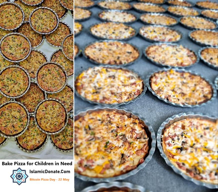 Many freshly baked pizzas in round tins, with text overlay Bake Pizza for Children in Need, IslamicDonate.Com, Bitcoin Pizza Day. Crypto donation aided by BTC.