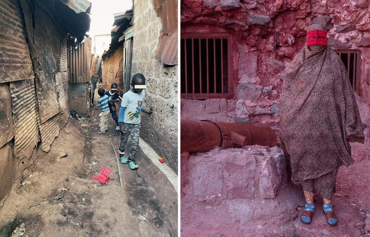 Children walking in a narrow alleyway next to a person in traditional clothing against a pink stone wall. Crypto donation for humanitarian aid.