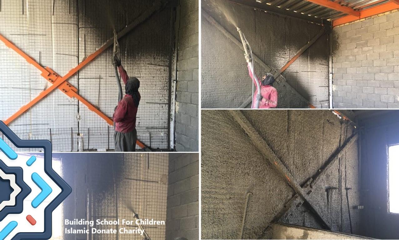 Construction workers applying concrete to walls of a school building, anonymous crypto donations for education projects like building schools for children in Gaza, facilitated by Dogecoin.