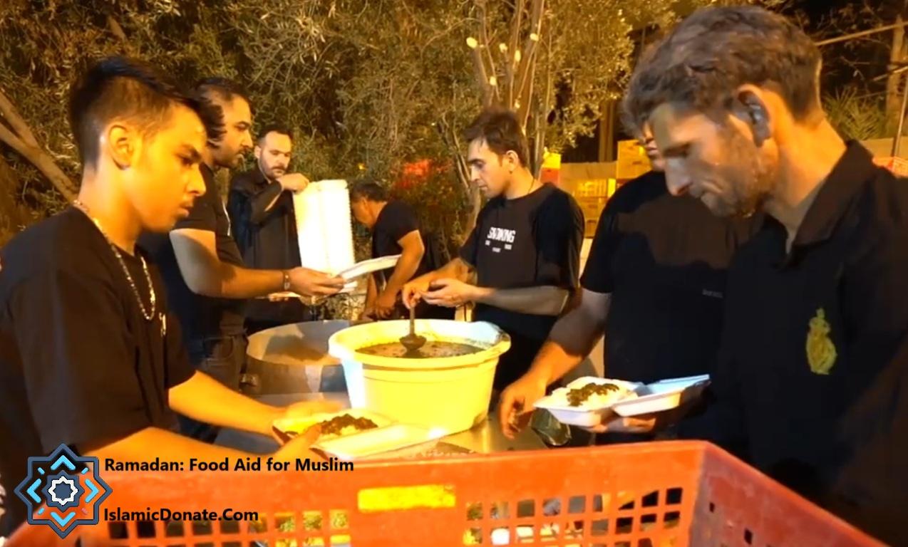 Ramadan food distribution for needy Muslims, with volunteers serving meals from a large pot to individuals holding plates. Cryptocurrency donations (Bitcoin – Ethereum) enable this urgent relief in crisis zones.