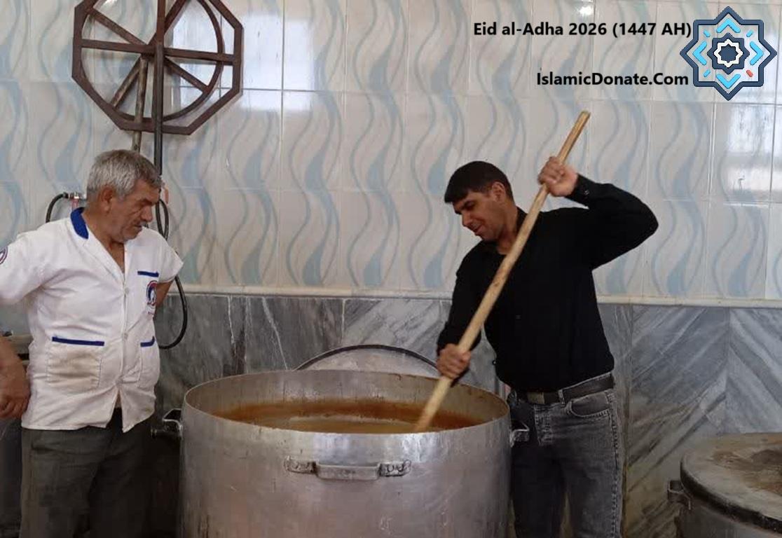 Qurbani crypto charity workers stir fresh meat in a large pot for Eid al Adha 2026 distribution funded by USDS donations.