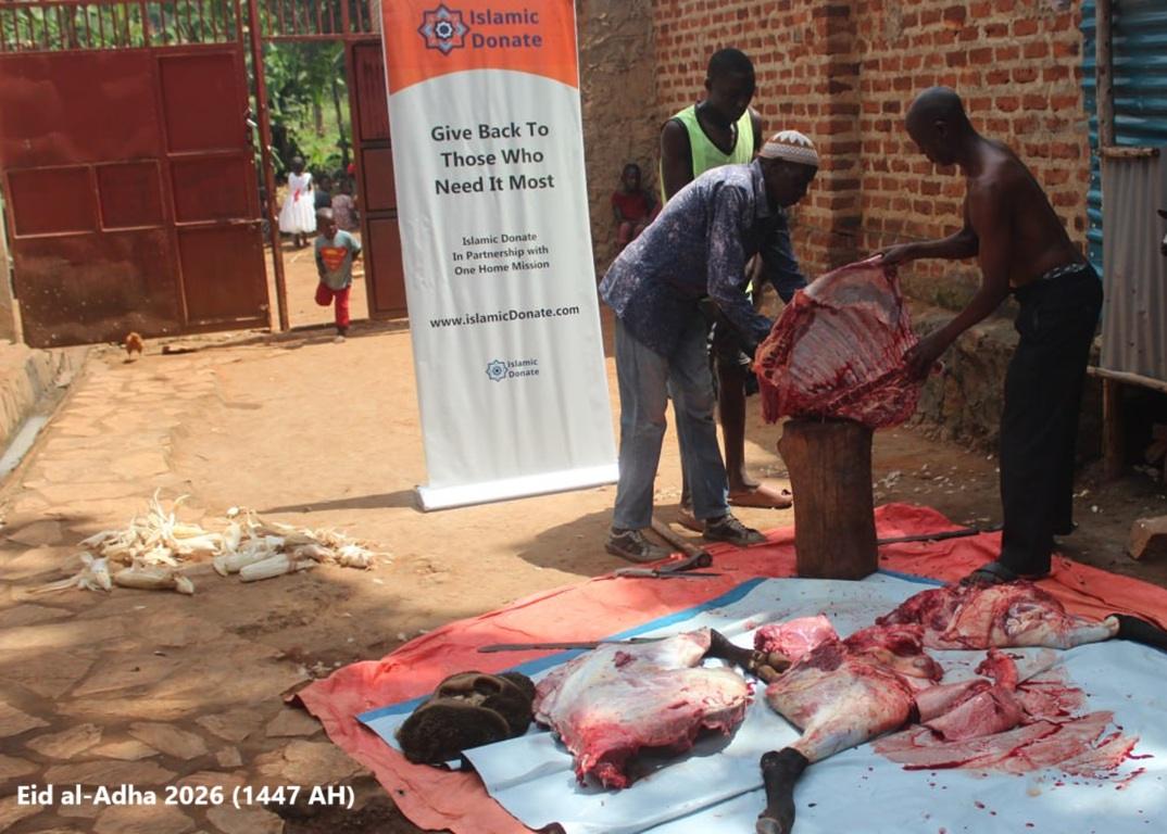 Qurbani crypto charity workers process livestock meat funded by TRX donations for families in Uganda during Eid al-Adha.