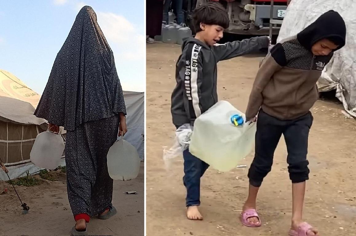 Refugees carry clean water containers in Gaza tent camp to combat summer disease with help via BCH charity donations.