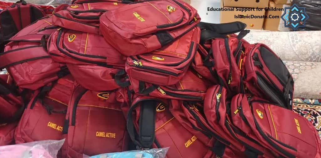 A pile of red backpacks for educational support, with crypto donations funding children's literacy and digital futures via BTC. Empowering youth through back-to-school programs.