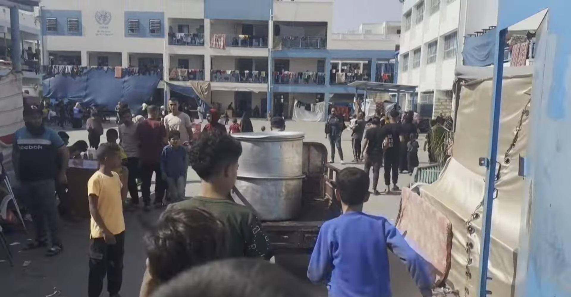 Scenes of aid distribution in a Palestinian community, likely Gaza or Rafah, featuring large cooking pots and people receiving assistance, supported by crypto donations via XRP.
