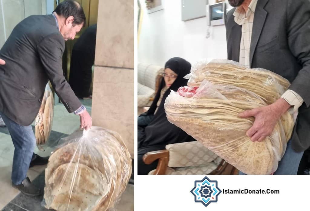 Man carrying bags of flatbread for donation to Palestinians, with a woman watching in the background. This aid is supported by crypto donations like USDT.