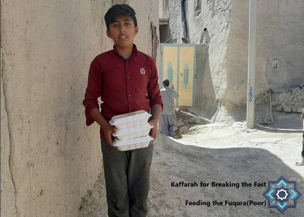 A young boy carries a stack of food containers, embodying the Kaffarah obligation to feed the needy, with support from crypto donations like USDT.