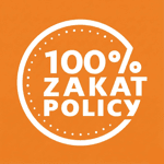 100% Zakat Policy Islamic Donate Charity. A white circular emblem with text indicating "100% Zakat Policy" against an orange background. Used for IslamicDonate charity accepting crypto zakat.