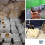 Rows of packaged food and flatbreads ready for distribution, with a collage showing large vats of food cooking and volunteers preparing dry goods packages, aided by crypto donations like USDT.