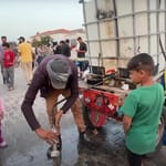 People receiving aid including water distribution in Palestine, donation via Arab Emirates Dirham processing.